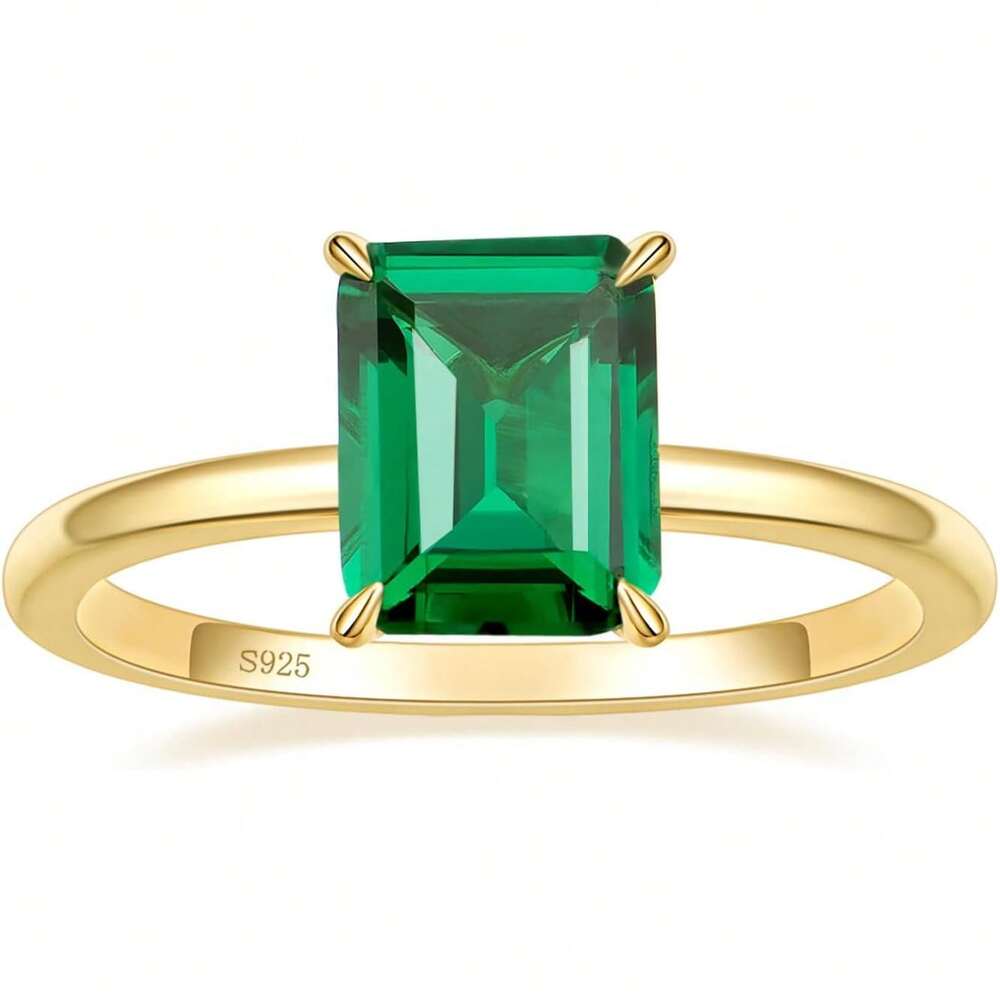 925 Sterling Silver Engagement Rings For Women Solitaire Created Green Emerald Simple Wedding Band Promise Rings For Her Size 4-11