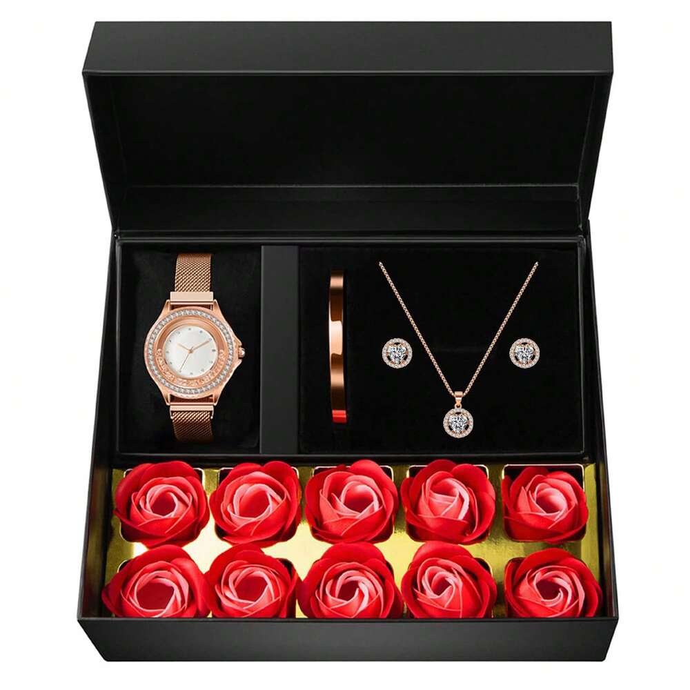 Gift For Mom Women's Jewelry Set, 4-Piece Set Rose Gold Watch Necklace Earrings Bracelet Women's Jewelry Set Birthday Gift Mom's Birthday Gift Mom's Gift For Grandma, Wife, Girlfriend