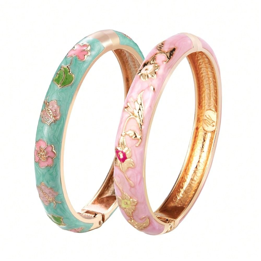 UJOY Cloisonne Bracelet Butterfly Gold Hinge Cuff Bangle Enameled Jewelry Flower Bracelets For Women Gift Box 55A114-7504