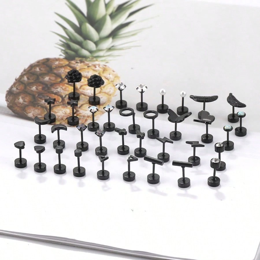 Fashion Earring18 Pairs Stainless Steel Stud Earrings Set For Women Men Star Moon Flower Heart Leaf Opal 20G Cartilage Earrings Hypoallergenic Flatback Earrings Piercing Jewelry