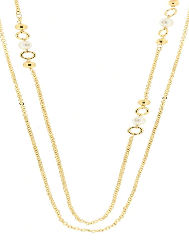 BRONZORO, 18KT GOLD ON BRONZE, MADE IN ITALY, DOUBLE STRAND 36" PEARL AND BEAD NECKLACE