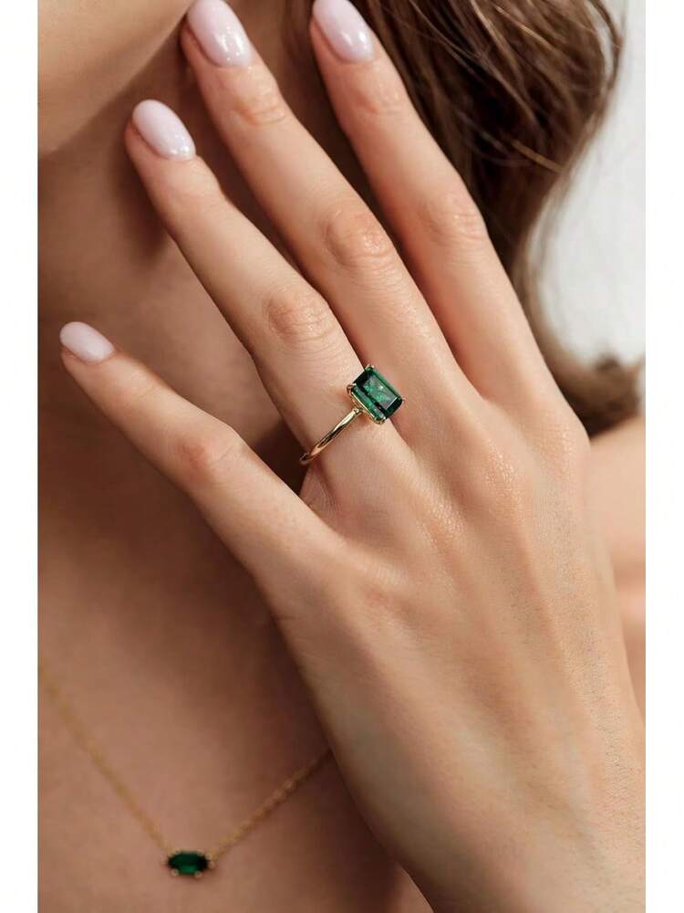 925 Sterling Silver Engagement Rings For Women Solitaire Created Green Emerald Simple Wedding Band Promise Rings For Her Size 4-11