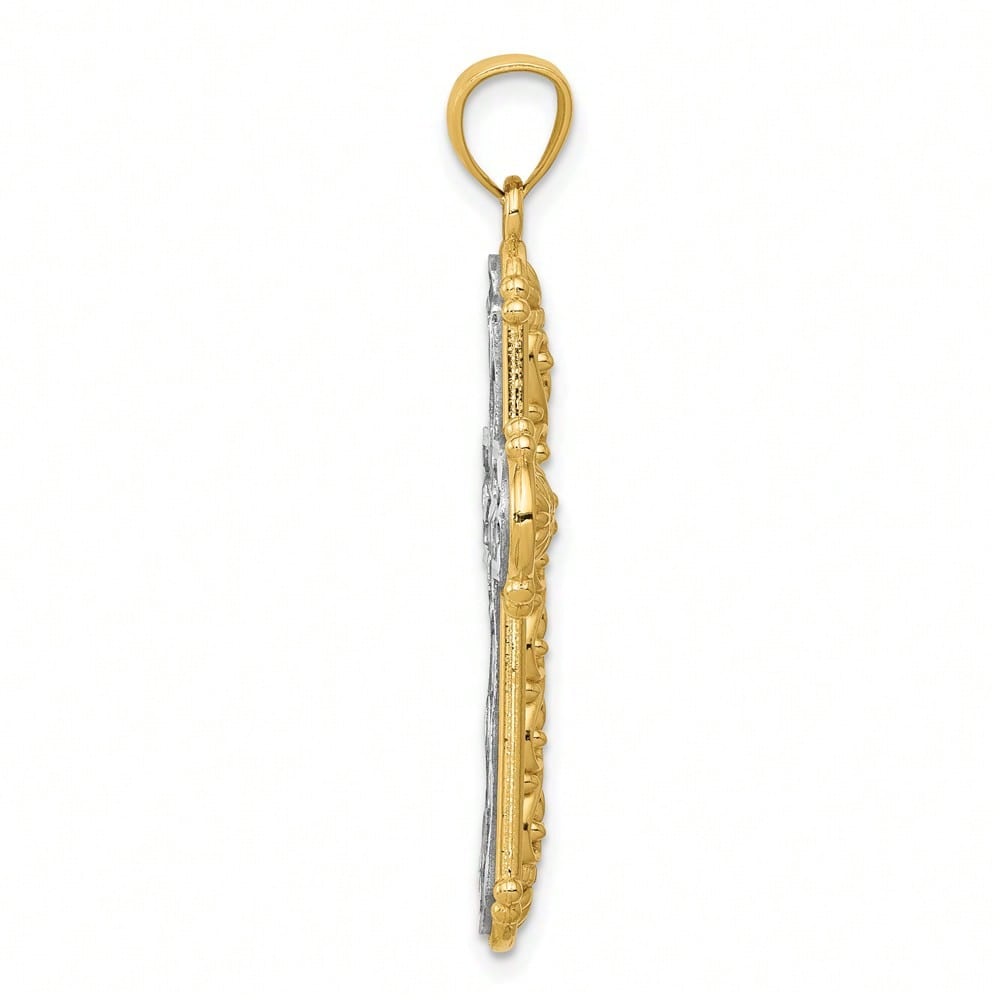 14k Yellow Gold With Rhodium Reversible Diamond-Cut Filigree Cross Pendant (L-1.49 Inch) 3.49 Gram