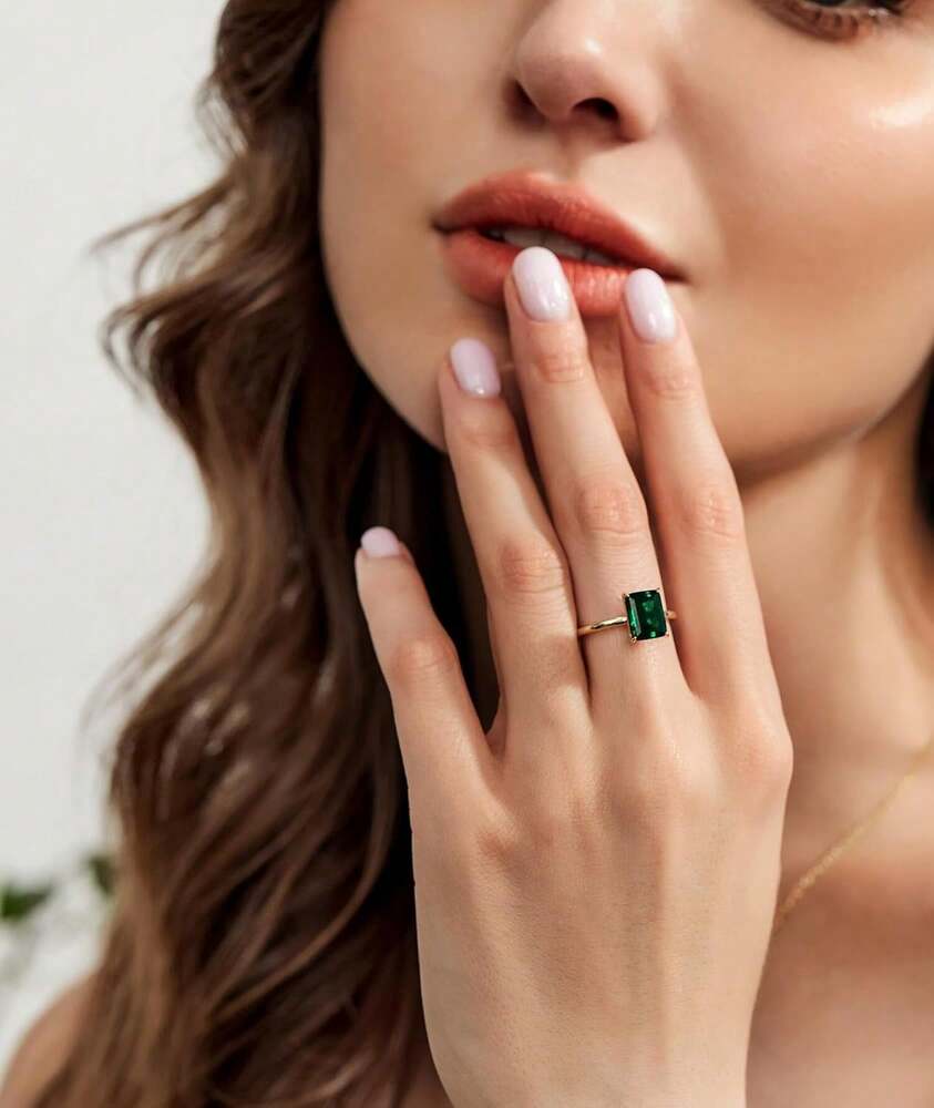 925 Sterling Silver Engagement Rings For Women Solitaire Created Green Emerald Simple Wedding Band Promise Rings For Her Size 4-11