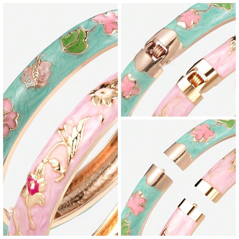 UJOY Cloisonne Bracelet Butterfly Gold Hinge Cuff Bangle Enameled Jewelry Flower Bracelets For Women Gift Box 55A114-7504
