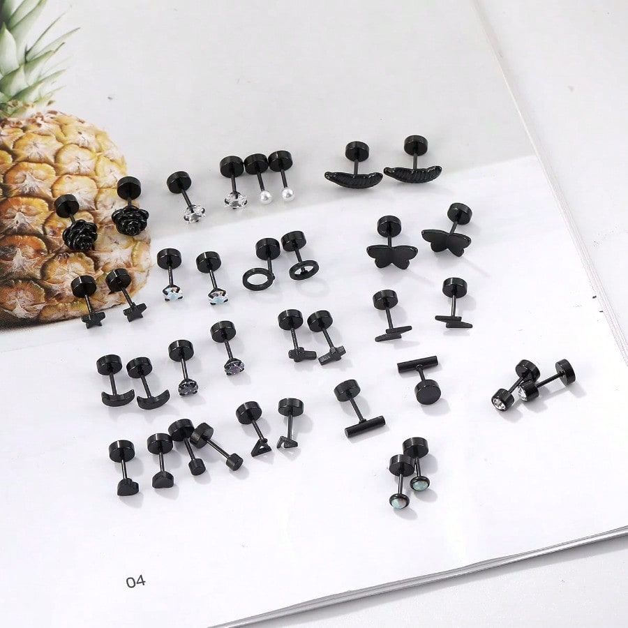 Fashion Earring18 Pairs Stainless Steel Stud Earrings Set For Women Men Star Moon Flower Heart Leaf Opal 20G Cartilage Earrings Hypoallergenic Flatback Earrings Piercing Jewelry