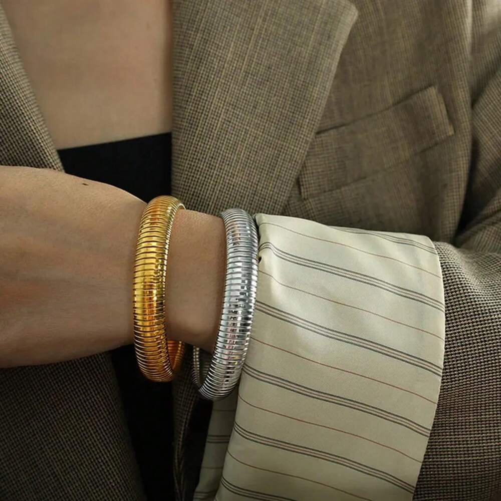 Waterproof Stainless Steel Retro Elasticity Thick Metal Polish Bracelet 18K Gold Plated Fashion Unisex Jewelry Men Women