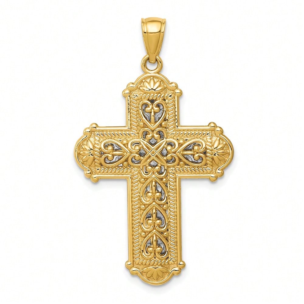 14k Yellow Gold With Rhodium Reversible Diamond-Cut Filigree Cross Pendant (L-1.49 Inch) 3.49 Gram