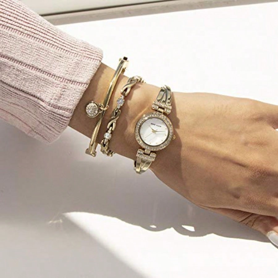 Women's Premium Crystal Accented Bangle Watch And Bracelet Set Holiday Gift
