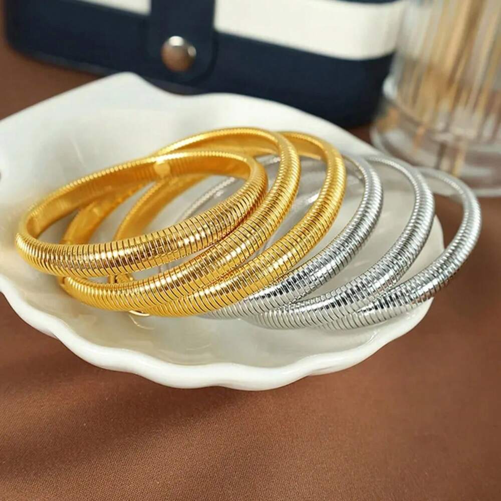 Waterproof Stainless Steel Retro Elasticity Thick Metal Polish Bracelet 18K Gold Plated Fashion Unisex Jewelry Men Women