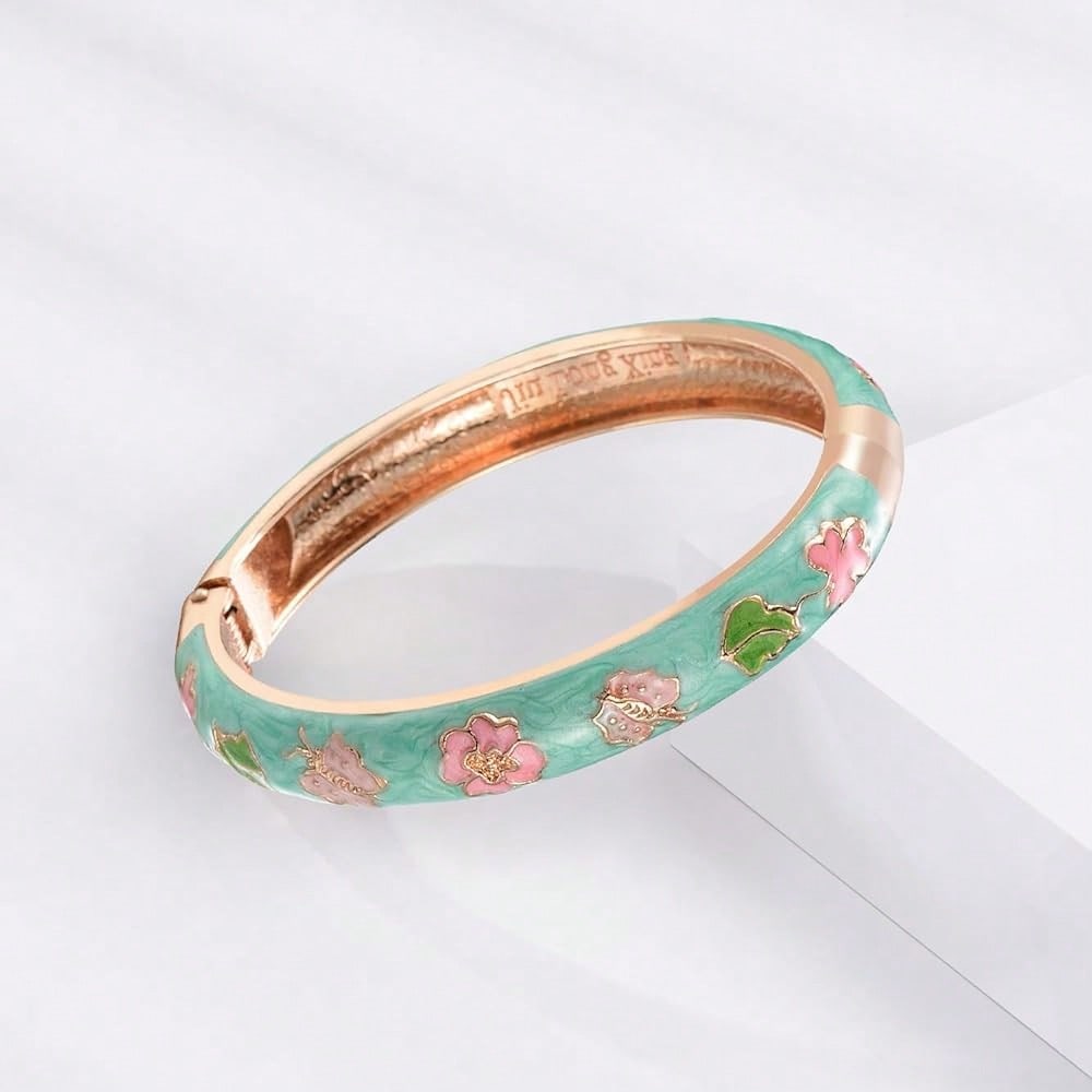 UJOY Cloisonne Bracelet Butterfly Gold Hinge Cuff Bangle Enameled Jewelry Flower Bracelets For Women Gift Box 55A114-7504