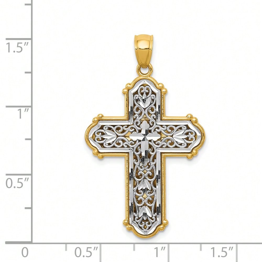 14k Yellow Gold With Rhodium Reversible Diamond-Cut Filigree Cross Pendant (L-1.49 Inch) 3.49 Gram