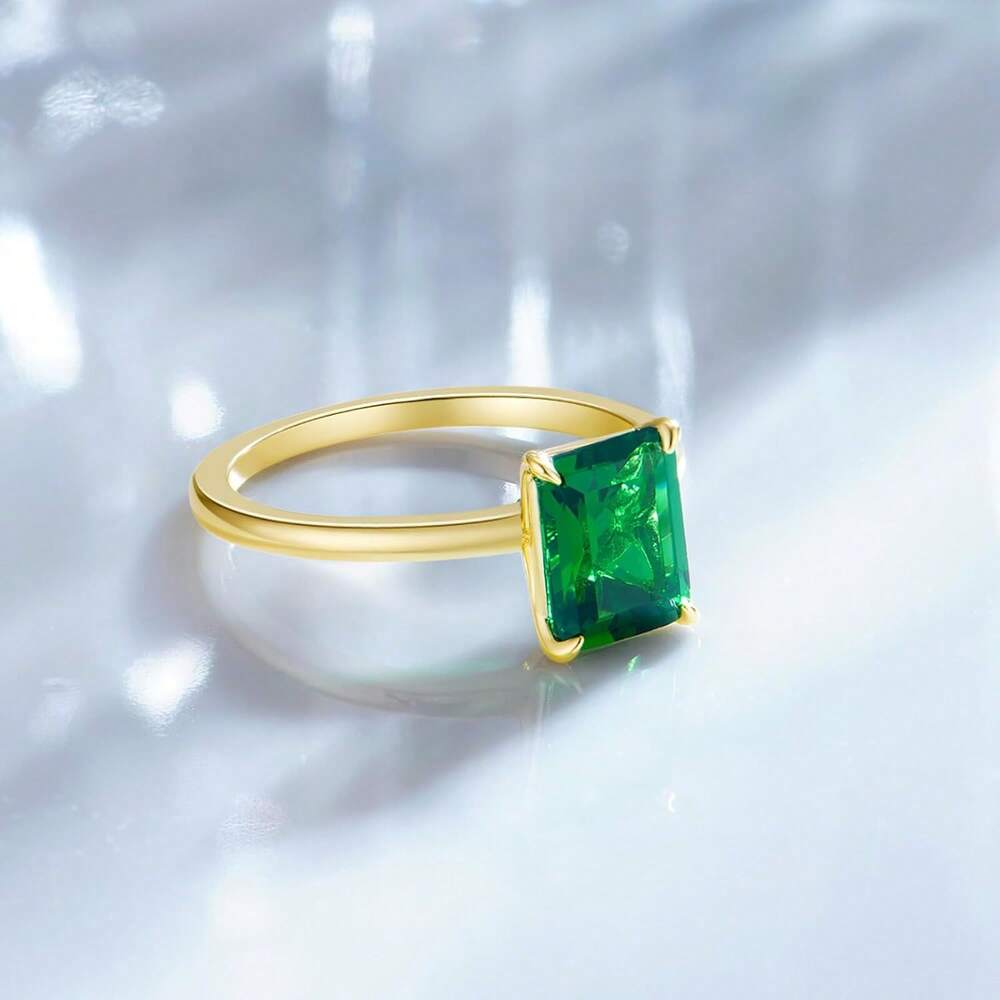925 Sterling Silver Engagement Rings For Women Solitaire Created Green Emerald Simple Wedding Band Promise Rings For Her Size 4-11