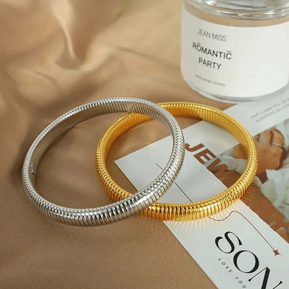 Waterproof Stainless Steel Retro Elasticity Thick Metal Polish Bracelet 18K Gold Plated Fashion Unisex Jewelry Men Women