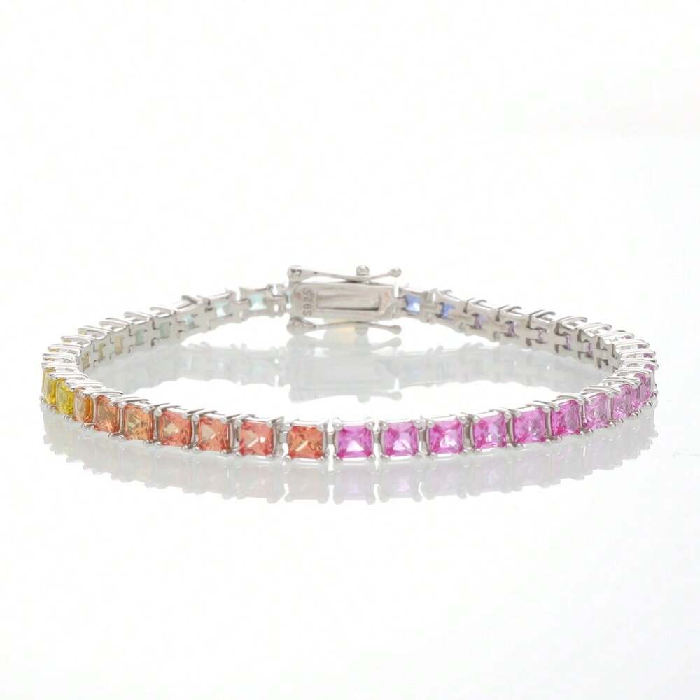 One 3mm 100% Sapphire Ruby Princess Rainbow Tennis Bracelet 925 Sterling Silver White Gold Plated For Women Daily Wear.