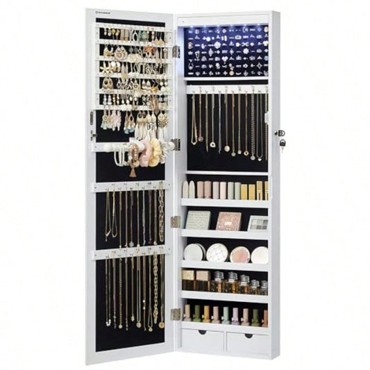 6 LEDs Mirror Jewelry Cabinet 47.2Inch Tall Lockable Wall Or Door Mounted Jewelry Armoire Organizer With Mirror 2 Drawers 3.9 X 14.6 X 47.2 Inches White UJJC93W Holiday Gift