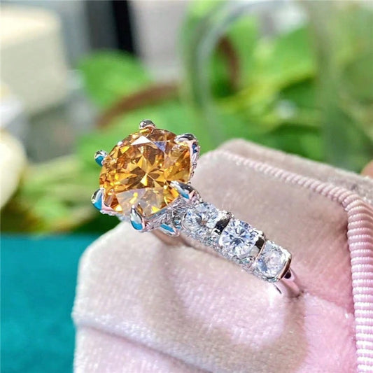 1pc Set With 3 Carat Yellow Colored Moissanite Ring Round Yellow Golden Color Temperament S925 Silvery Everyday/ Party, Proposal, Engagement, Wedding, Classic Keepsake, Ideal Gift For Birthdays, Anniversaries, Festive Gifts