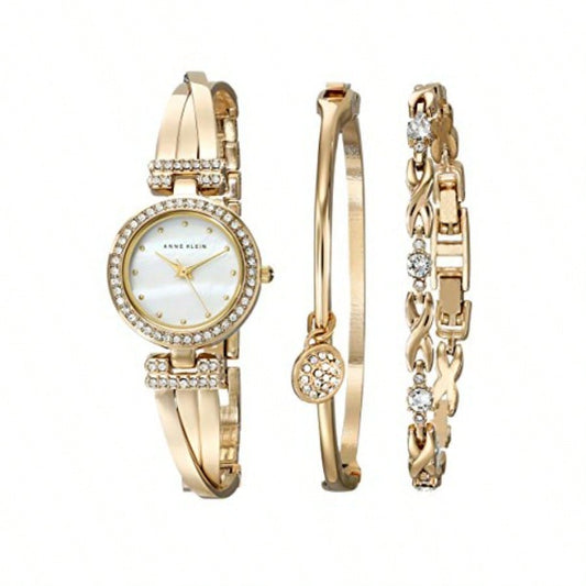 Women's Premium Crystal Accented Bangle Watch And Bracelet Set Holiday Gift