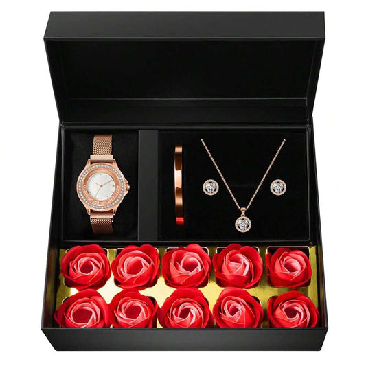 Gift For Mom Women's Jewelry Set, 4-Piece Set Rose Gold Watch Necklace Earrings Bracelet Women's Jewelry Set Birthday Gift Mom's Birthday Gift Mom's Gift For Grandma, Wife, Girlfriend
