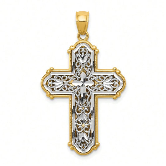 14k Yellow Gold With Rhodium Reversible Diamond-Cut Filigree Cross Pendant (L-1.49 Inch) 3.49 Gram