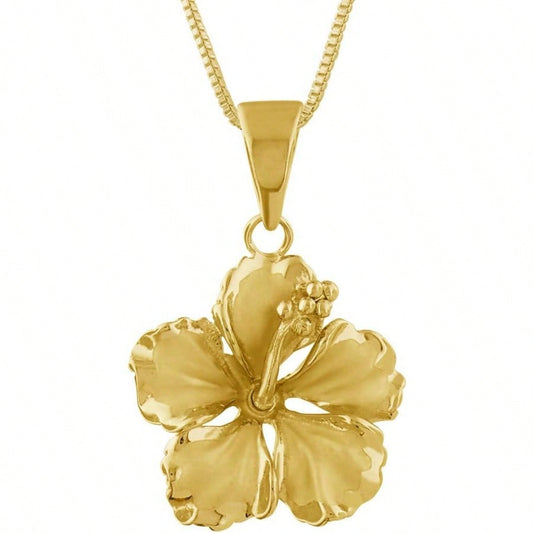 RK--Sterling Silver 17mm Hibiscus Pendant Necklace 16+2" Extender
