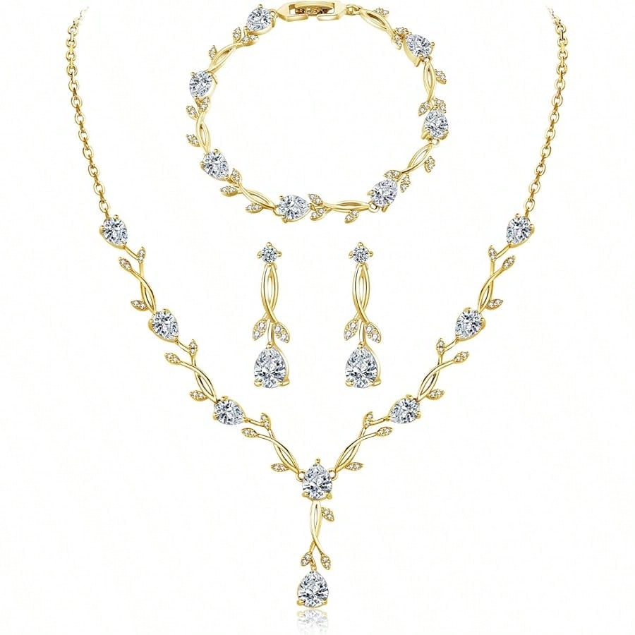 Free Shipping  Jewelry Set For Women, Necklace Dangle Earrings Bracelet Set With White AAA Cubic Zirconia, Allergy Free Wedding Party Jewelry For Bridal Bridesmaid