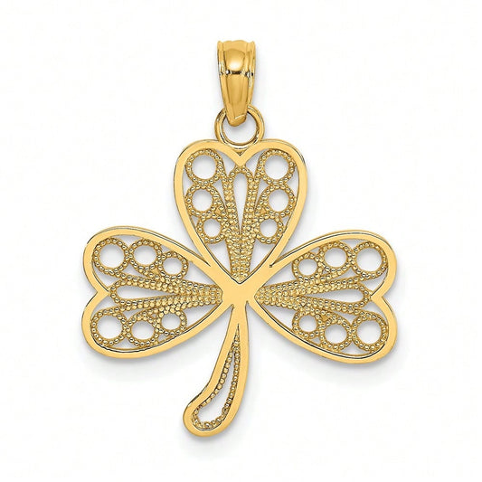 14k Yellow Gold Filigree 3-Leaf Clover Charm Pendant (L-0.88 Inch,W-0.73 Inch) 0.97 Gram