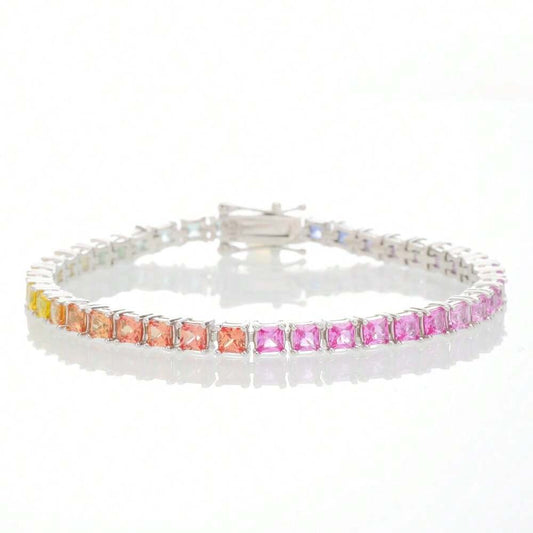 One 3mm 100% Sapphire Ruby Princess Rainbow Tennis Bracelet 925 Sterling Silver White Gold Plated For Women Daily Wear.