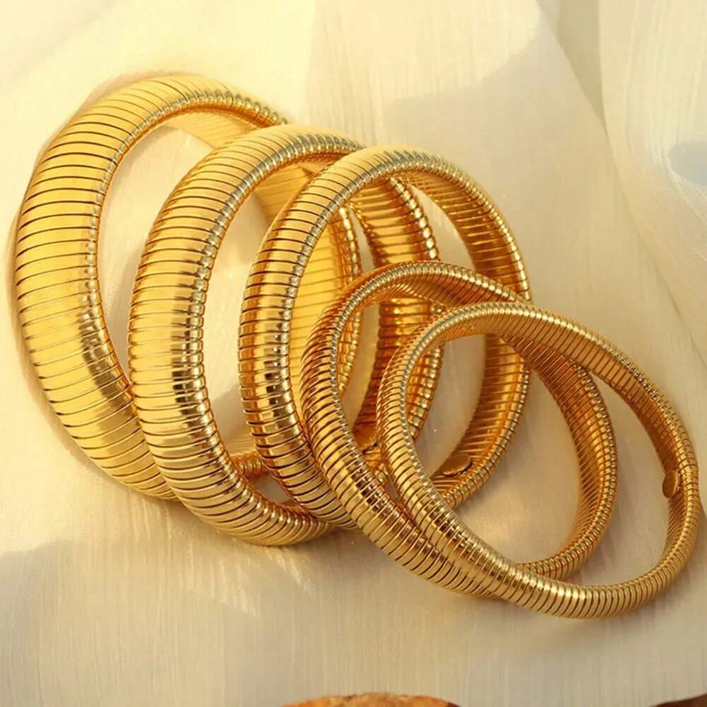 Waterproof Stainless Steel Retro Elasticity Thick Metal Polish Bracelet 18K Gold Plated  Fashion Unisex Jewelry Men Women