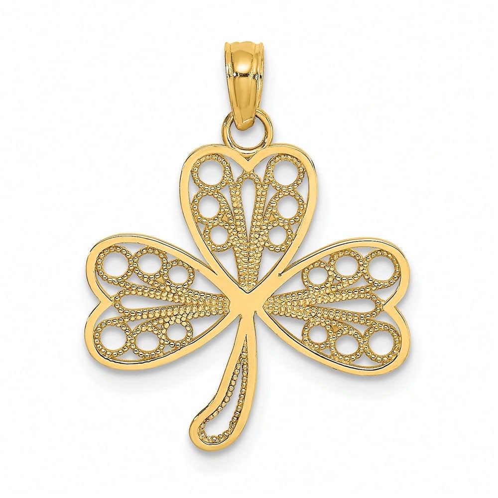 14k Yellow Gold Filigree 3-Leaf Clover Charm Pendant (L-0.88 Inch,W-0.73 Inch) 0.97 Gram