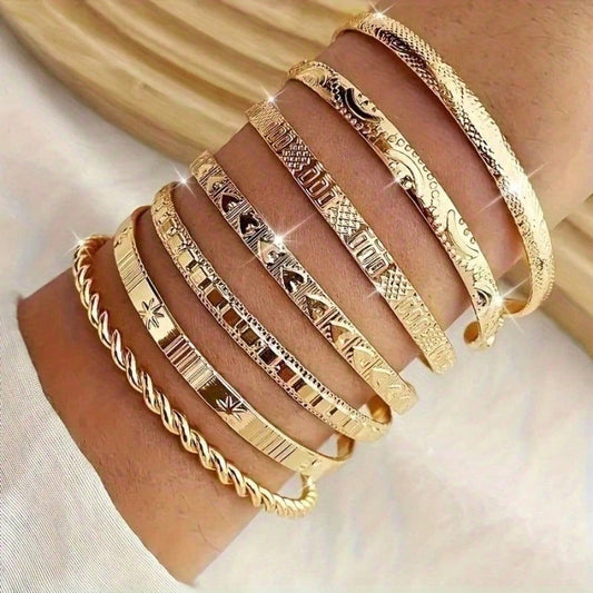 7pcs Gold & Silver Mix Bracelet Set - Women's Fashion Disco Style Stackable Bracelets,  Chunky Metallic Jewelry, Perfect For Parties, Dates & Daily Layering