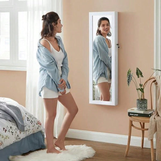 6 LEDs Mirror Jewelry Cabinet 47.2Inch Tall Lockable Wall Or Door Mounted Jewelry Armoire Organizer With Mirror 2 Drawers 3.9 X 14.6 X 47.2 Inches White UJJC93W Holiday Gift