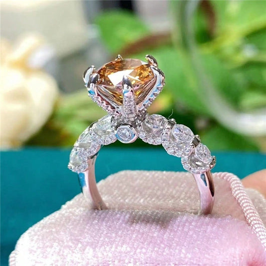 1pc Set With 3 Carat Yellow Colored Moissanite Ring Round Yellow Golden Color Temperament S925 Silvery Everyday/ Party, Proposal, Engagement, Wedding, Classic Keepsake, Ideal Gift For Birthdays, Anniversaries, Festive Gifts