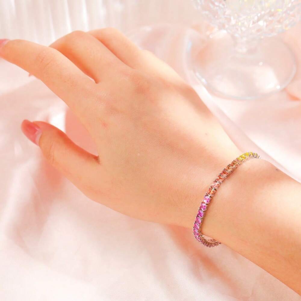 One 3mm 100% Sapphire Ruby Princess Rainbow Tennis Bracelet 925 Sterling Silver White Gold Plated For Women Daily Wear.