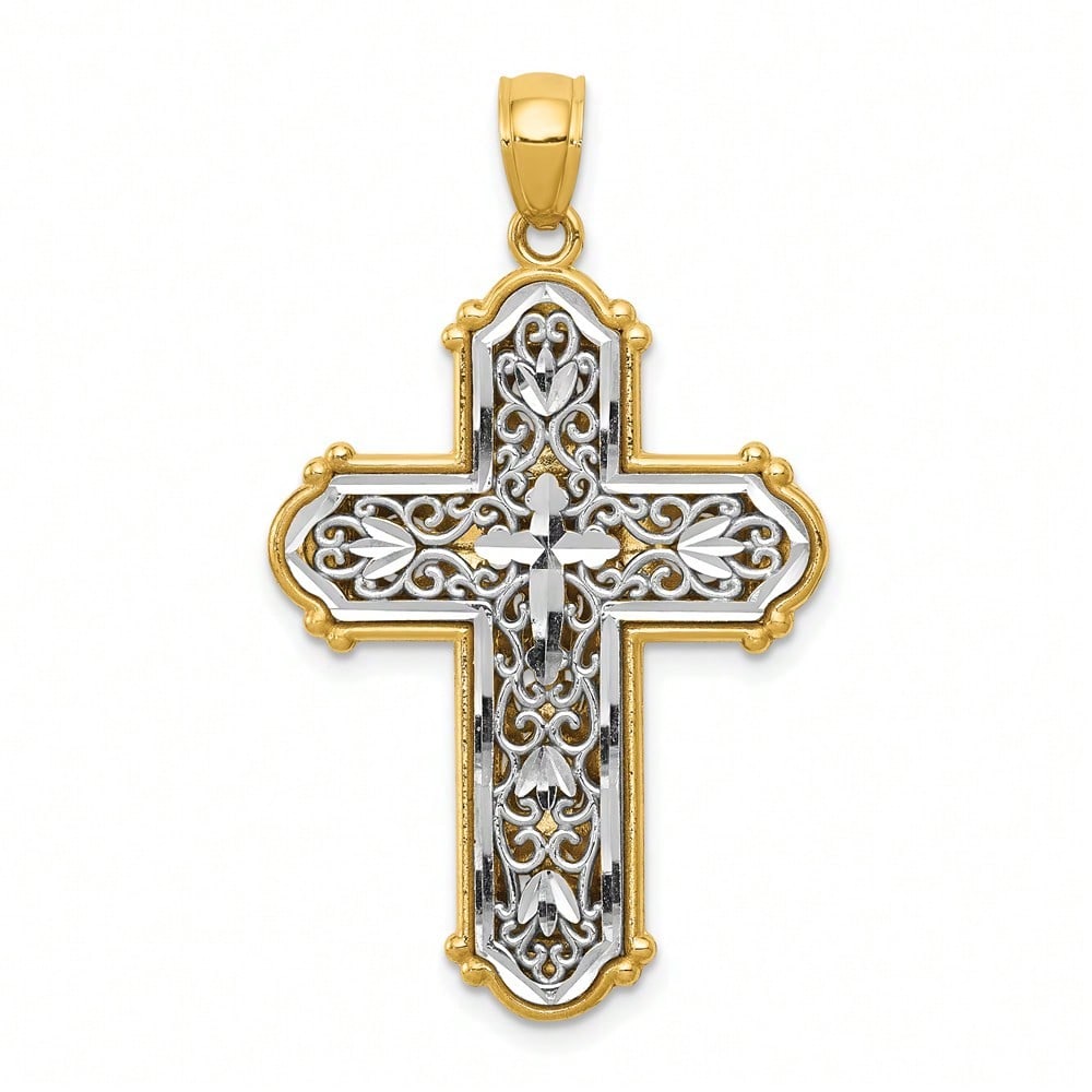 14k Yellow Gold With Rhodium Reversible Diamond-Cut Filigree Cross Pendant (L-1.49 Inch) 3.49 Gram