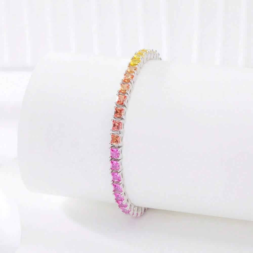 One 3mm 100% Sapphire Ruby Princess Rainbow Tennis Bracelet 925 Sterling Silver White Gold Plated For Women Daily Wear.