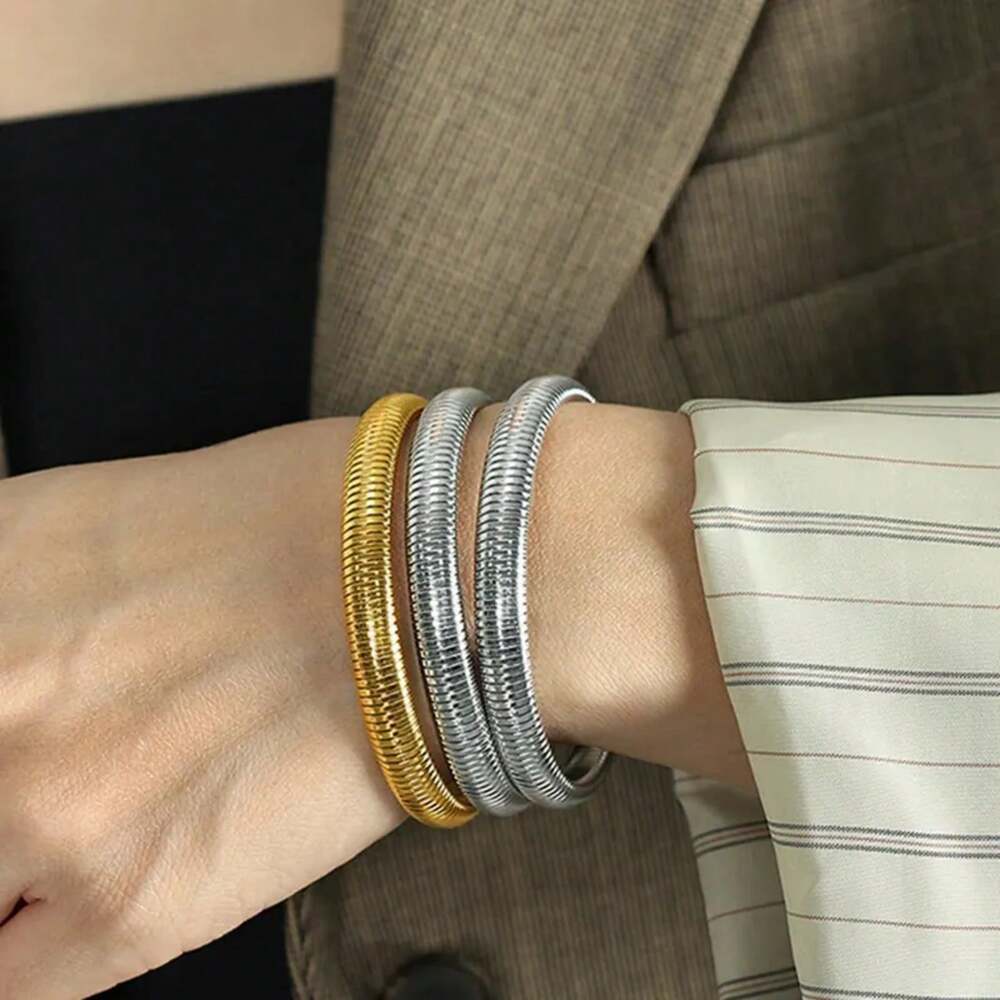 Waterproof Stainless Steel Retro Elasticity Thick Metal Polish Bracelet 18K Gold Plated  Fashion Unisex Jewelry Men Women