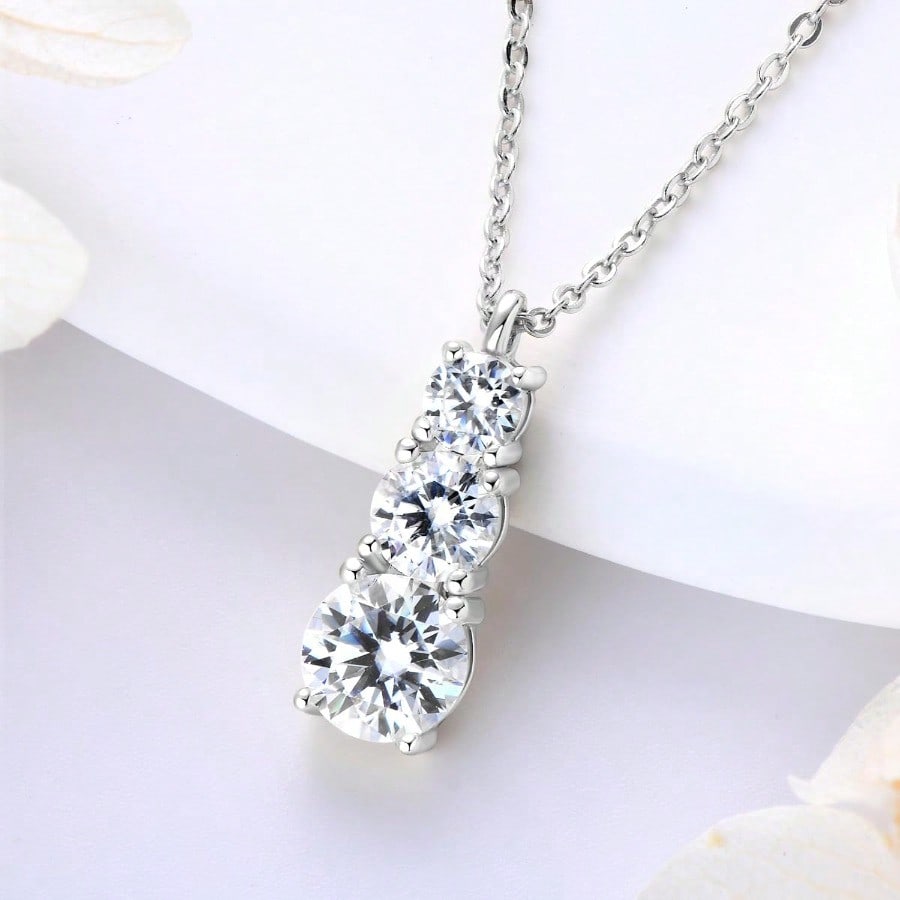 RK--Moissanite Pendant Necklace 925 Sterling Silver Necklaces For Women 3 Stone Pendant 18 To 20 Inch Jewelry Gifts