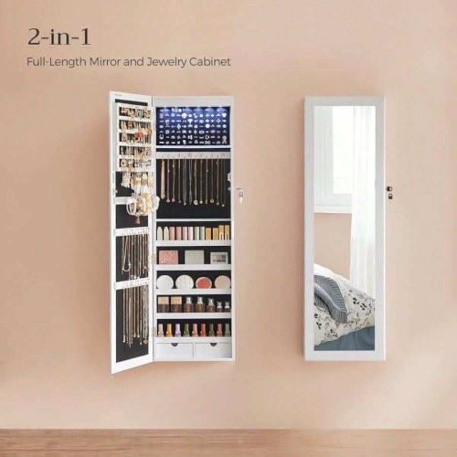 6 LEDs Mirror Jewelry Cabinet 47.2Inch Tall Lockable Wall Or Door Mounted Jewelry Armoire Organizer With Mirror 2 Drawers 3.9 X 14.6 X 47.2 Inches White UJJC93W Holiday Gift