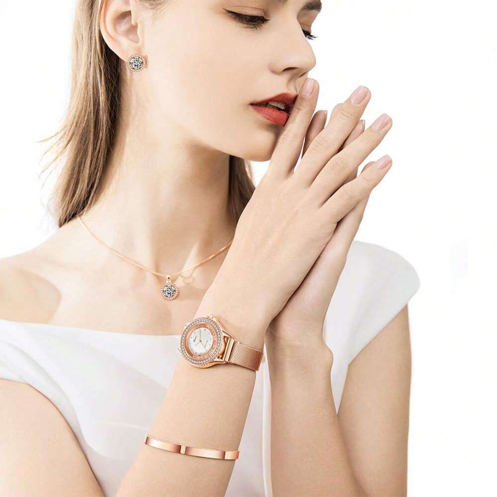 Gift For Mom Women's Jewelry Set, 4-Piece Set Rose Gold Watch Necklace Earrings Bracelet Women's Jewelry Set Birthday Gift Mom's Birthday Gift Mom's Gift For Grandma, Wife, Girlfriend