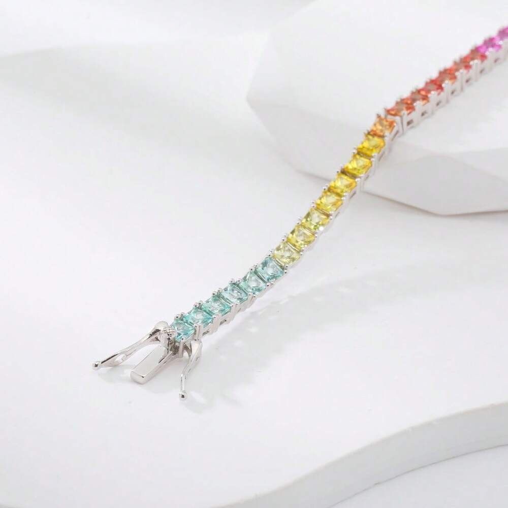 One 3mm 100% Sapphire Ruby Princess Rainbow Tennis Bracelet 925 Sterling Silver White Gold Plated For Women Daily Wear.