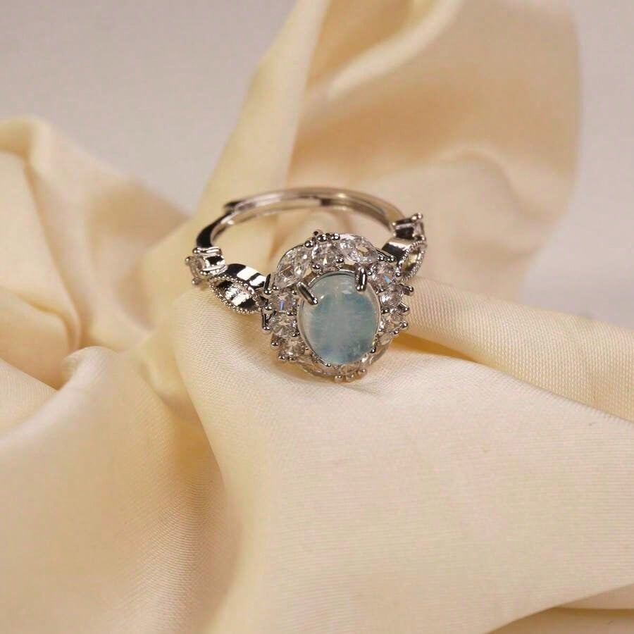 Light Blue Gemstone Ring Women's Open Adjustable Ring Suitable Daily Wear And Giving