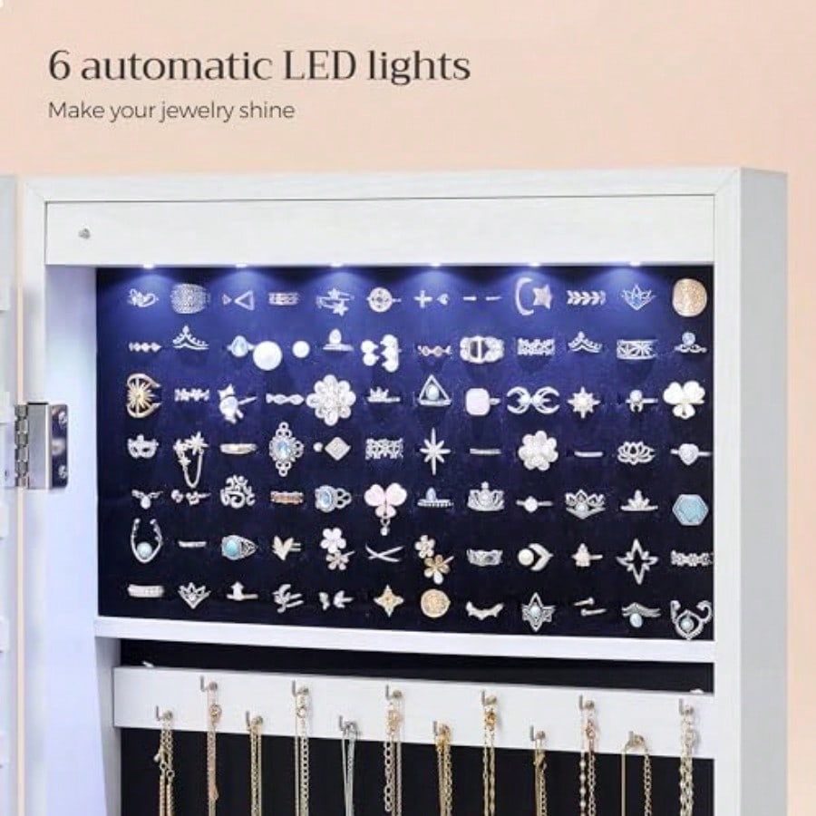 6 LEDs Mirror Jewelry Cabinet 47.2Inch Tall Lockable Wall Or Door Mounted Jewelry Armoire Organizer With Mirror 2 Drawers 3.9 X 14.6 X 47.2 Inches White UJJC93W Holiday Gift