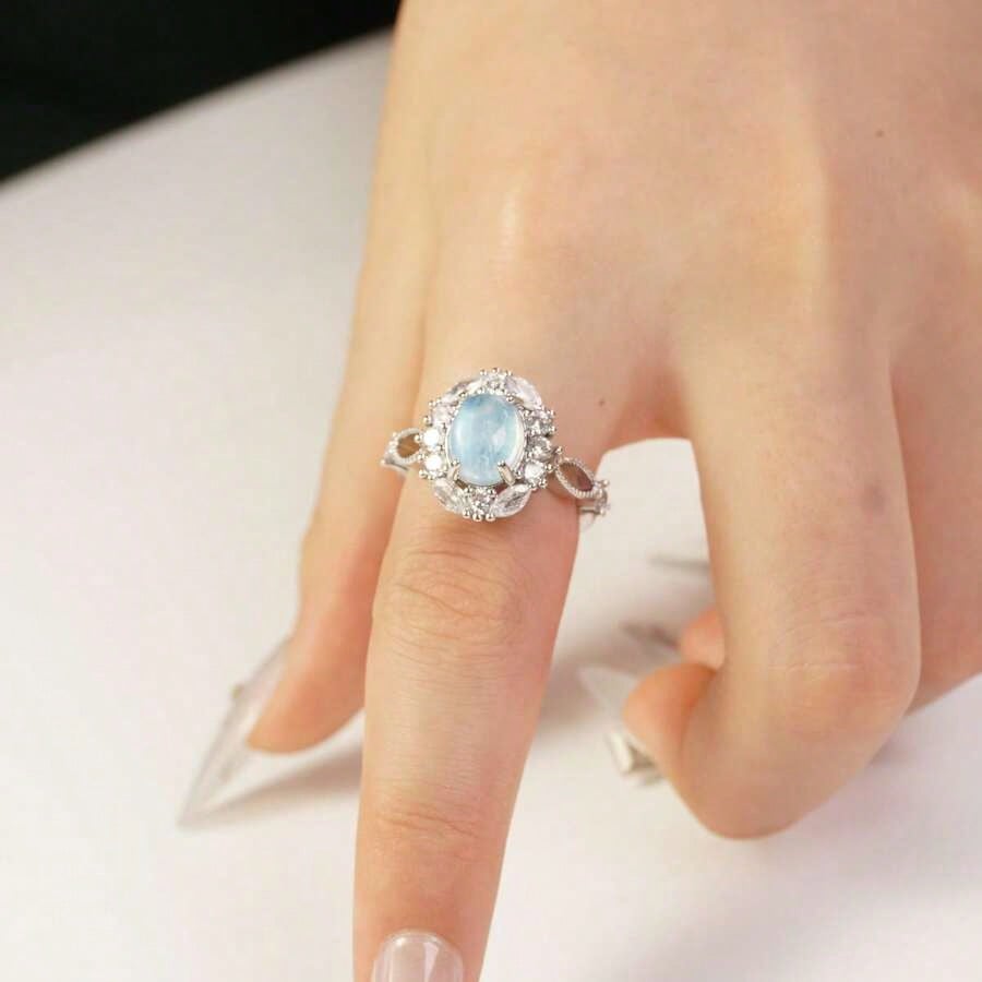 Light Blue Gemstone Ring Women's Open Adjustable Ring Suitable Daily Wear And Giving