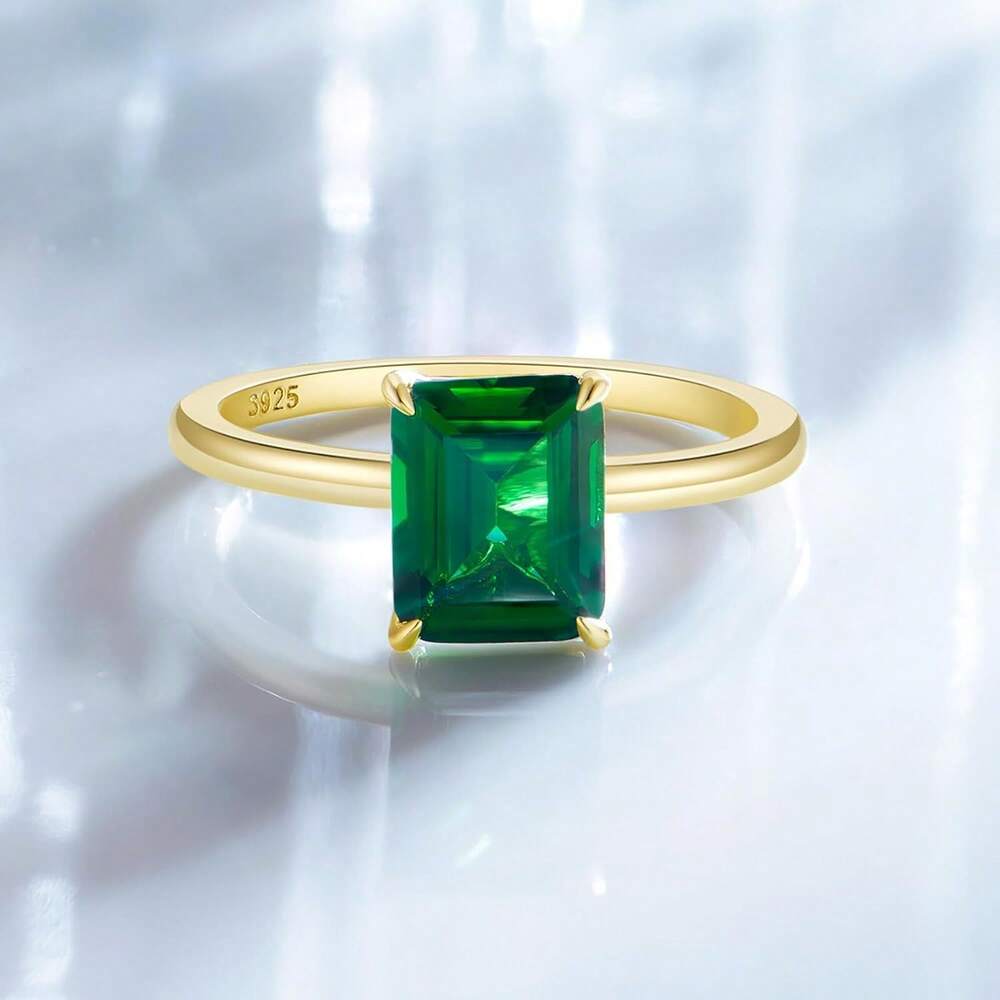 925 Sterling Silver Engagement Rings For Women Solitaire Created Green Emerald Simple Wedding Band Promise Rings For Her Size 4-11