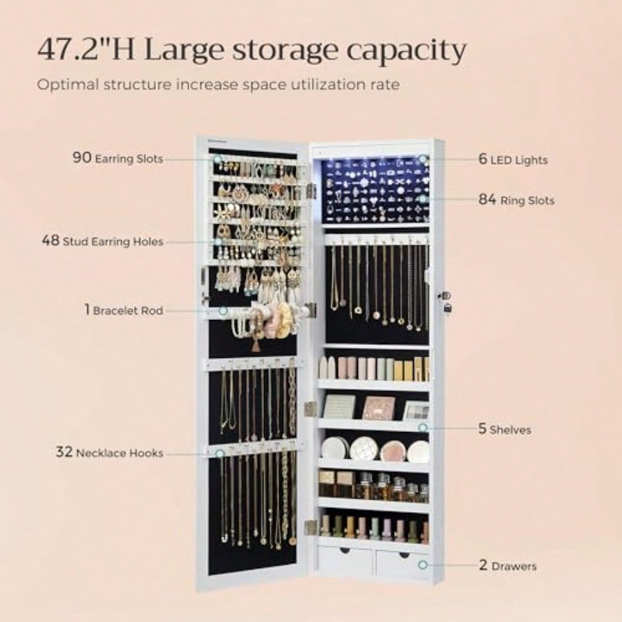 6 LEDs Mirror Jewelry Cabinet 47.2Inch Tall Lockable Wall Or Door Mounted Jewelry Armoire Organizer With Mirror 2 Drawers 3.9 X 14.6 X 47.2 Inches White UJJC93W Holiday Gift