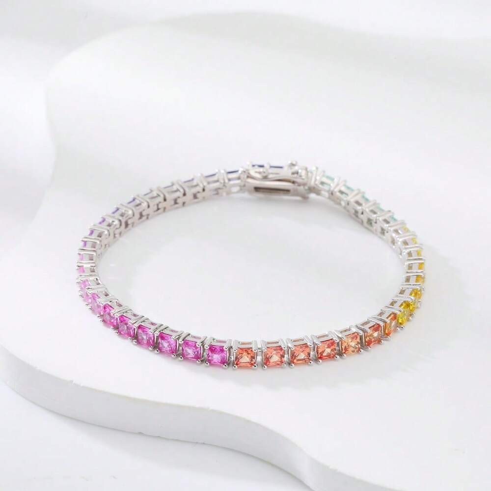 One 3mm 100% Sapphire Ruby Princess Rainbow Tennis Bracelet 925 Sterling Silver White Gold Plated For Women Daily Wear.