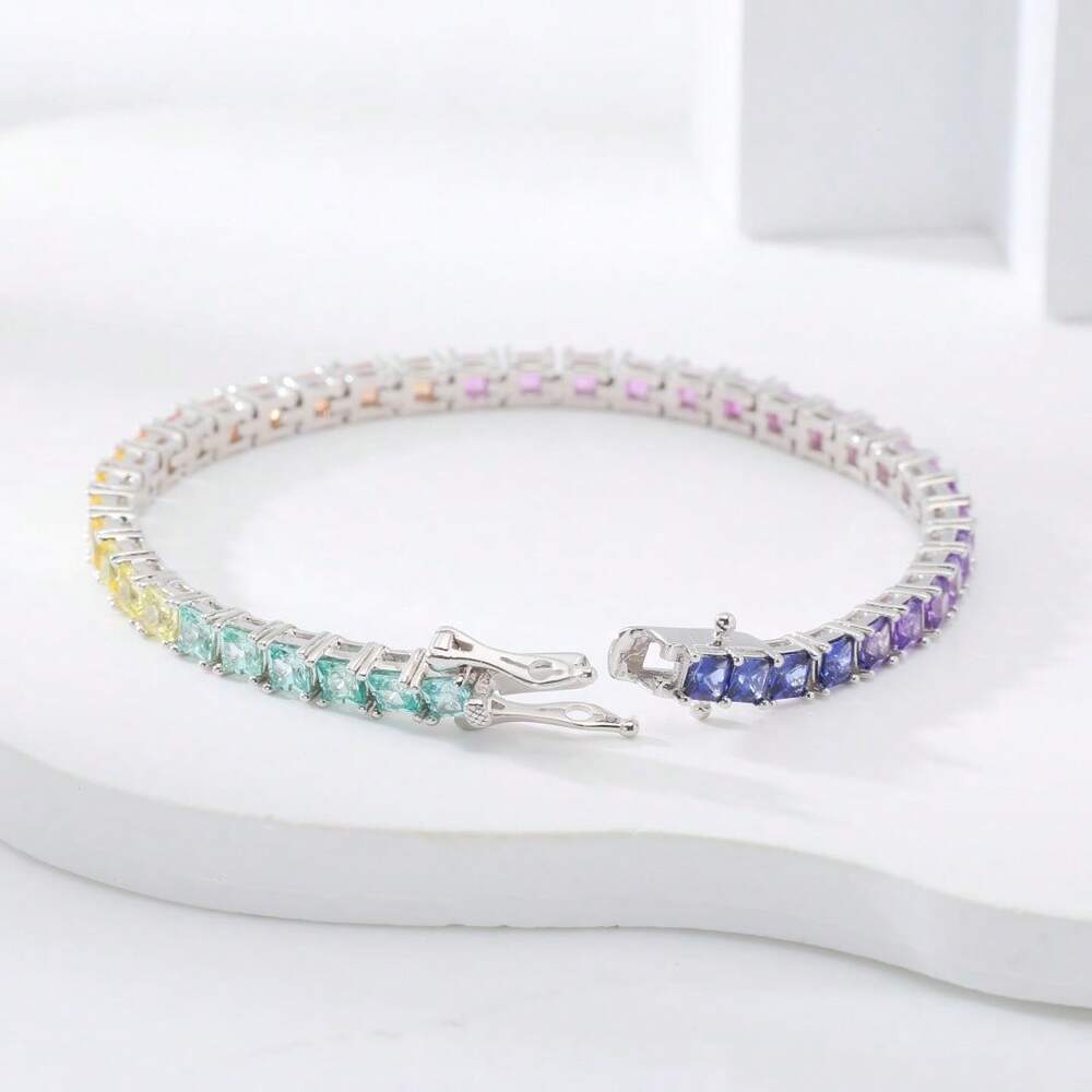 One 3mm 100% Sapphire Ruby Princess Rainbow Tennis Bracelet 925 Sterling Silver White Gold Plated For Women Daily Wear.