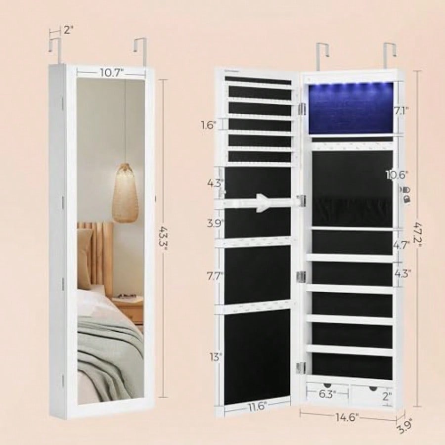 6 LEDs Mirror Jewelry Cabinet 47.2Inch Tall Lockable Wall Or Door Mounted Jewelry Armoire Organizer With Mirror 2 Drawers 3.9 X 14.6 X 47.2 Inches White UJJC93W Holiday Gift