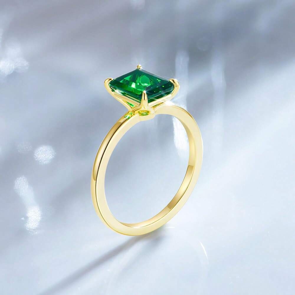 925 Sterling Silver Engagement Rings For Women Solitaire Created Green Emerald Simple Wedding Band Promise Rings For Her Size 4-11